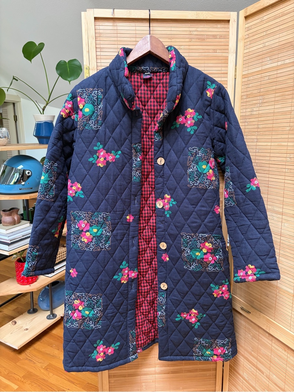Vintage Quilted Floral plaid Long Coat - Navy